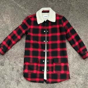 Red and black wool plaid coat with sherpa collar